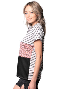 Women's Short Sleeve Zip Up Color Block Top