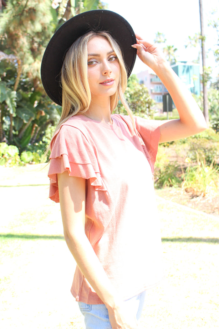 Women's Ruffle Sleeves Round Neck Solid Top