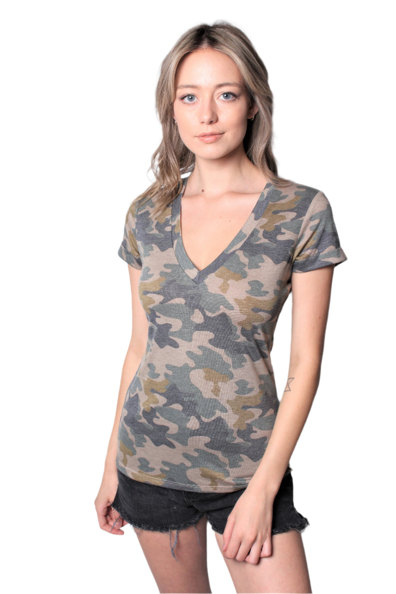 Women's Short Sleeve V Neck Body Fit Camo Top