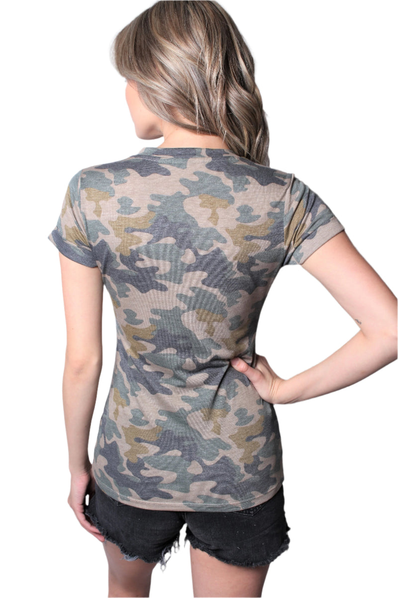 Women's Short Sleeve V Neck Body Fit Camo Top