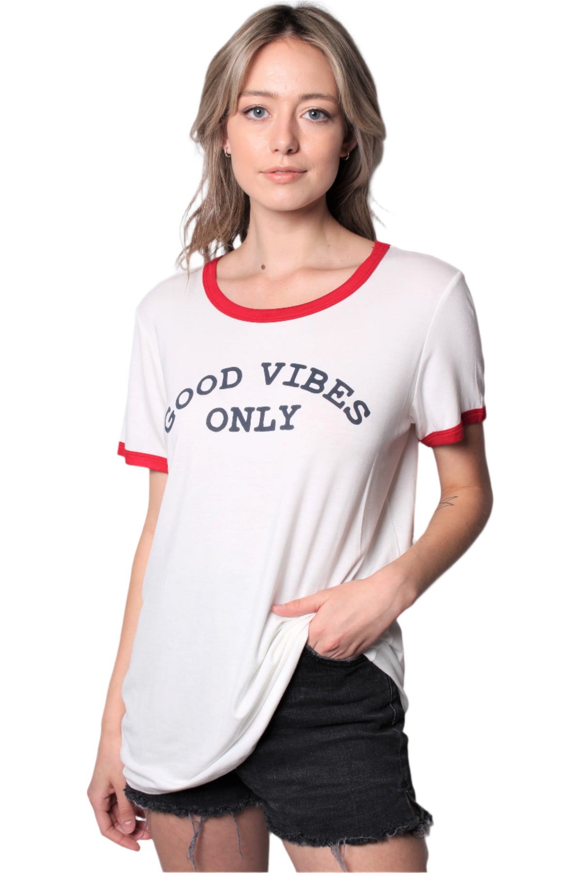 Women's Short Sleeve "Good Vibes Only" Print Top with Red Lining