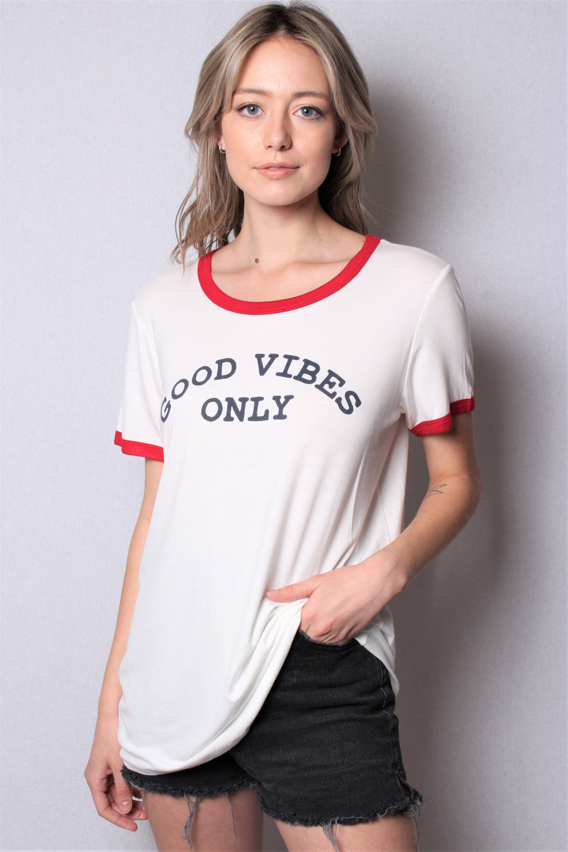 Women's Short Sleeve "Good Vibes Only" Print Top with Red Lining