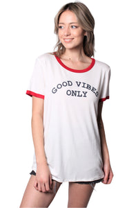 Women's Short Sleeve "Good Vibes Only" Print Top with Red Lining
