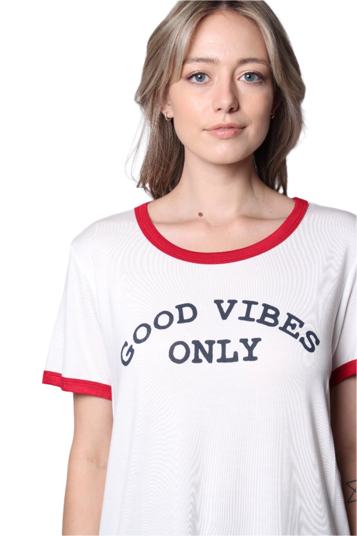 Women's Short Sleeve "Good Vibes Only" Print Top with Red Lining