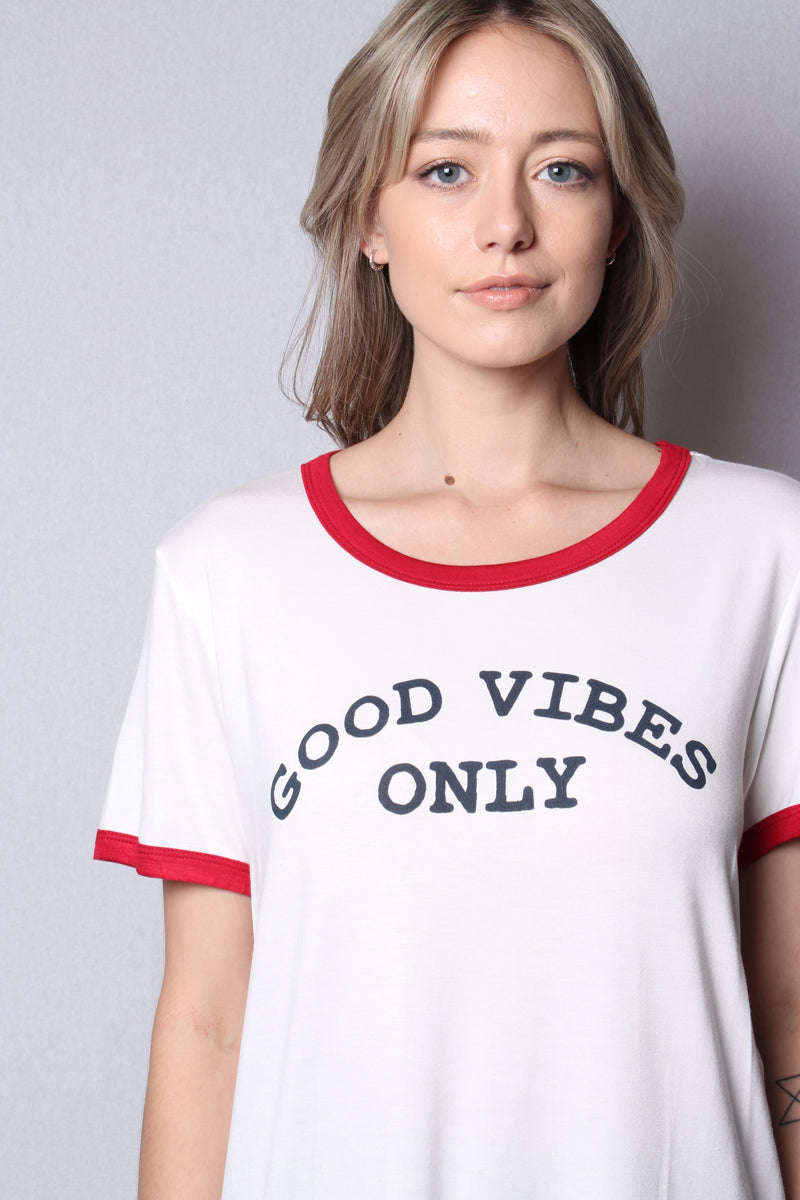 Women's Short Sleeve "Good Vibes Only" Print Top with Red Lining