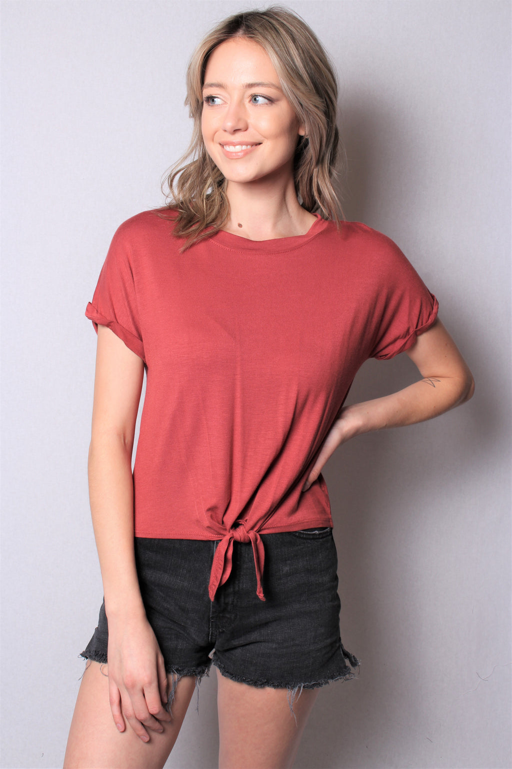 Women's Short Sleeve Solid Top w/ Front Knot