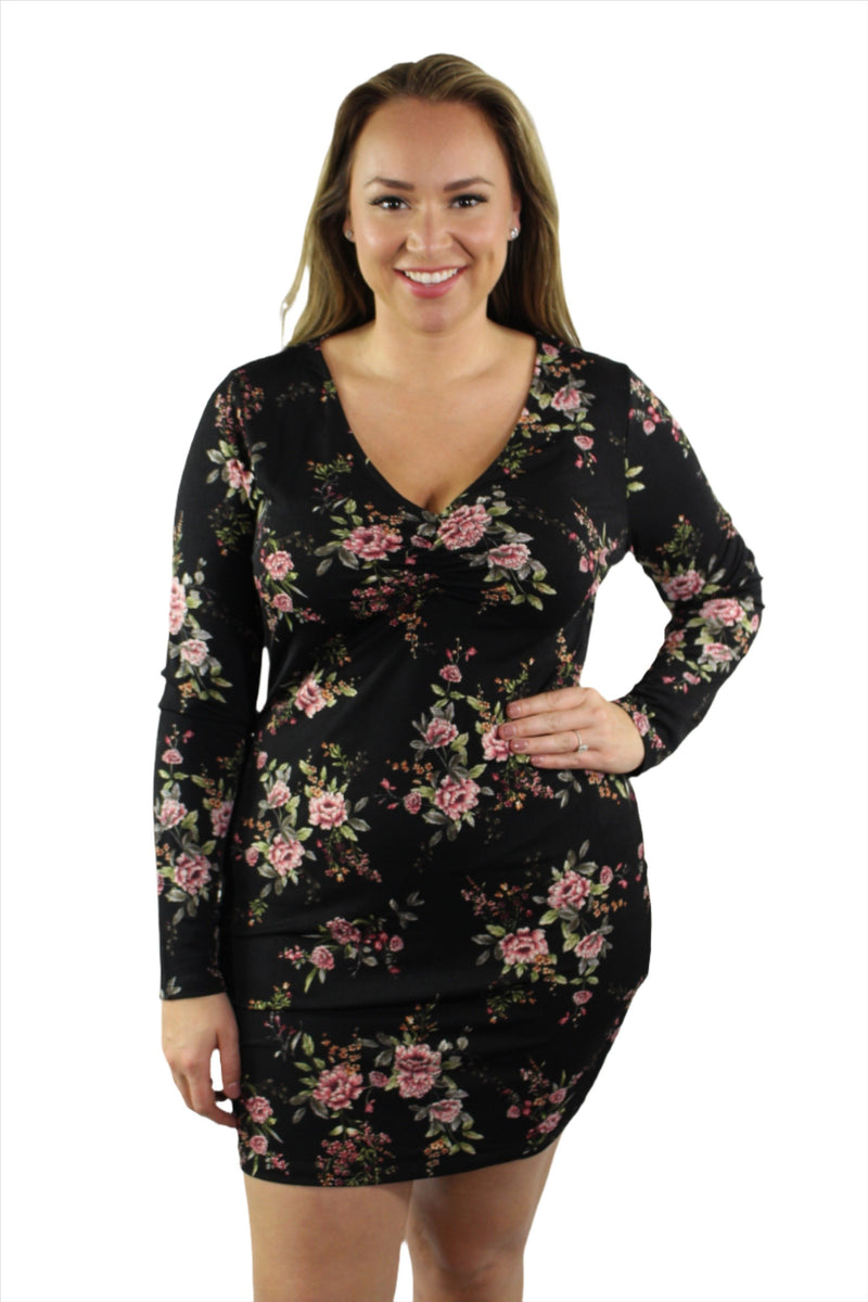 Women's Plus Size Long Sleeve Floral Bodycon Dress