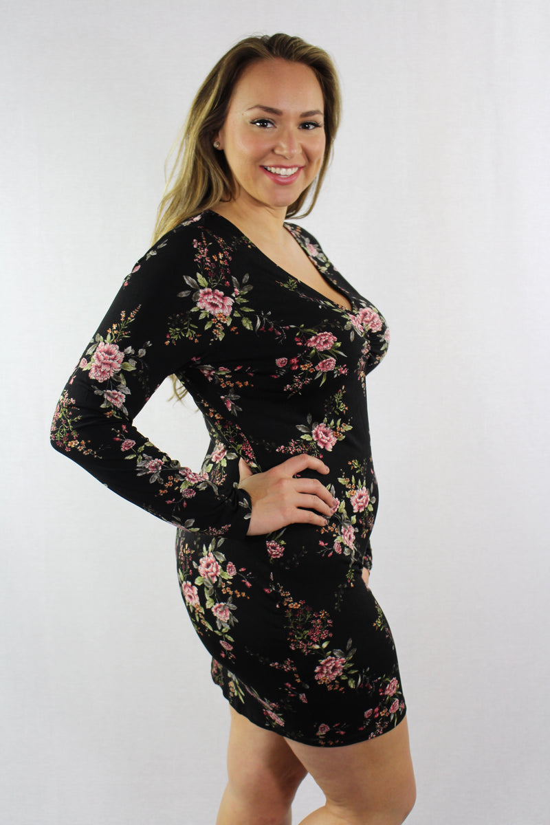 Women's Plus Size Long Sleeve Floral Bodycon Dress