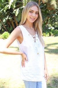 Women's Lace Up V Neck Sleeveless Linen Top