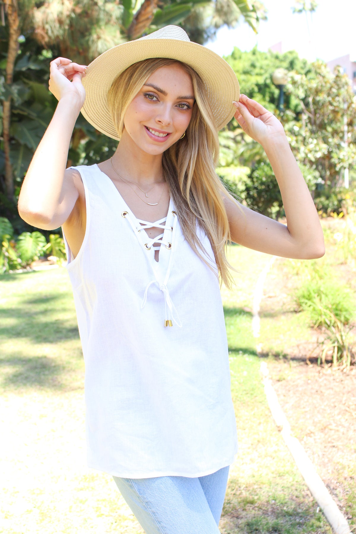 Women's Lace Up V Neck Sleeveless Linen Top