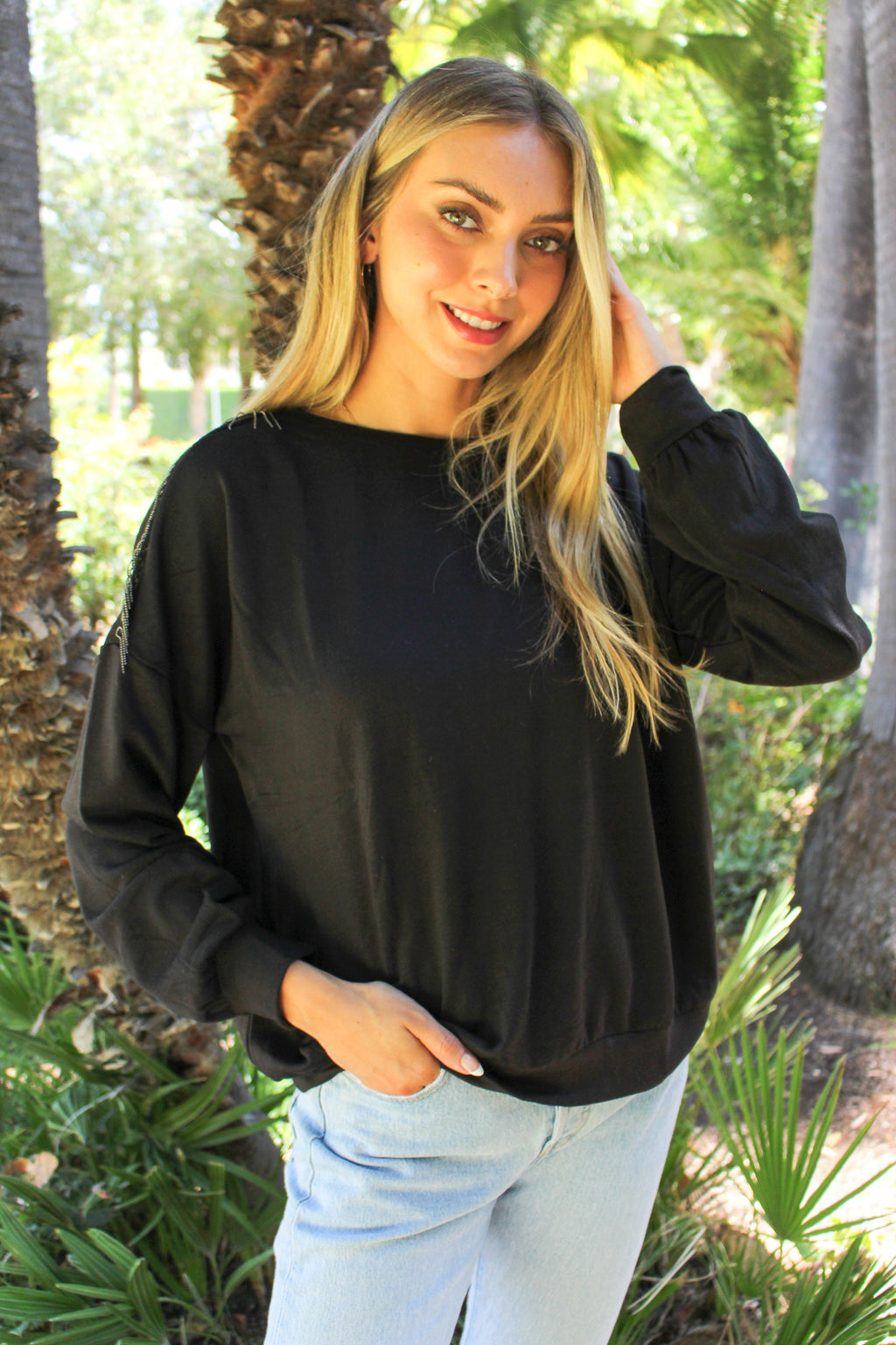 Women's Long Sleeve Knit Top with Beads Detail
