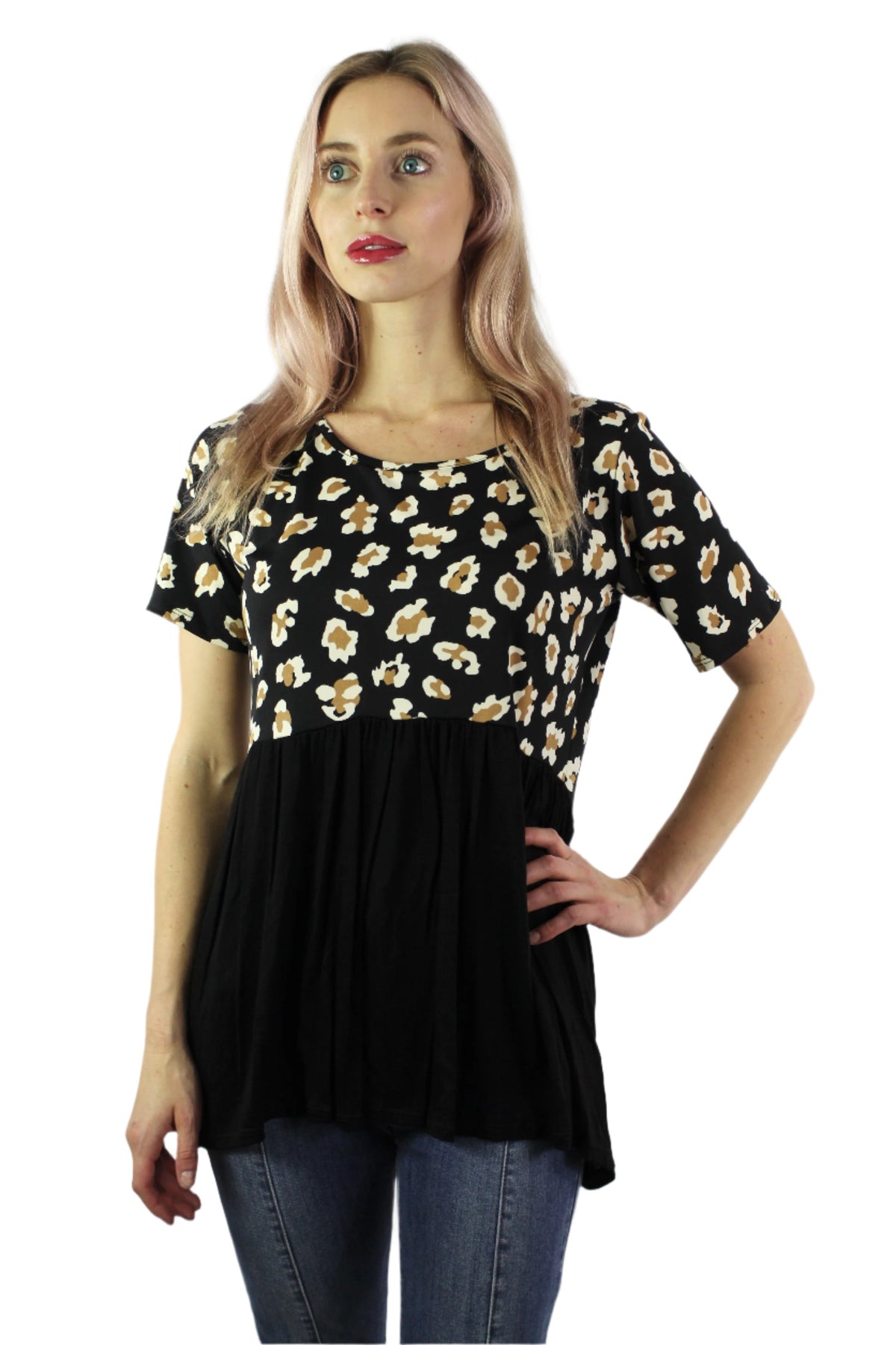 Women's Short Sleeve Animal Print Color Block Top