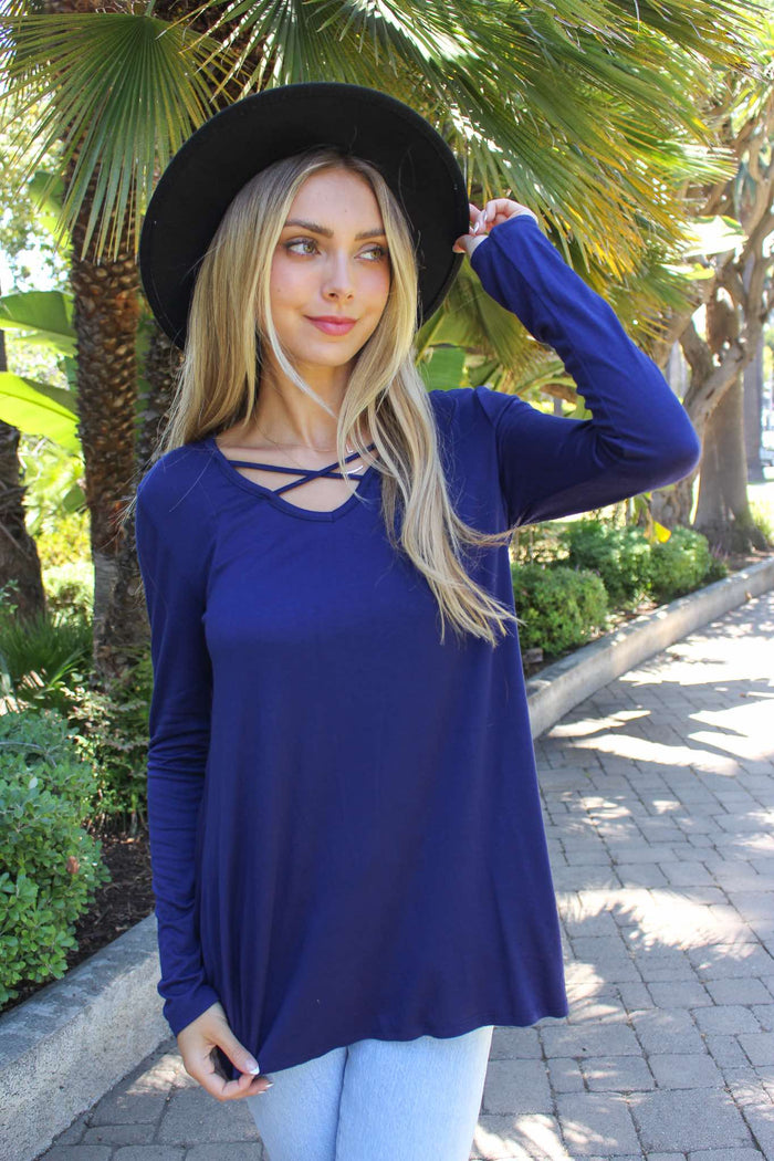 Women's Solid Longsleeve Top with Criss Cross Front
