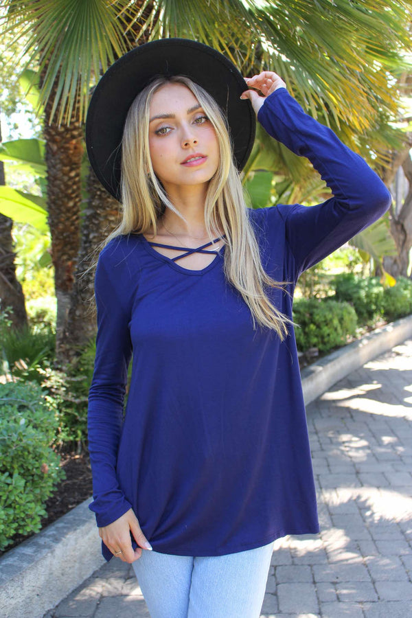 Women's Solid Longsleeve Top with Criss Cross Front