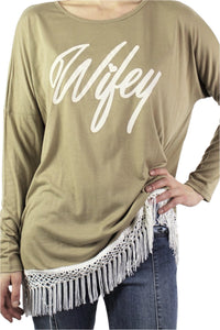 Women's Long Sleeve "Wifey" Top with Tassel Hem