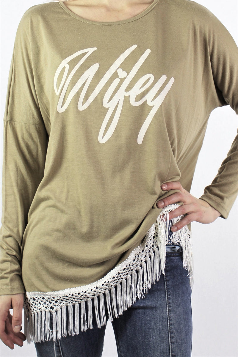 Women's Long Sleeve "Wifey" Top with Tassel Hem