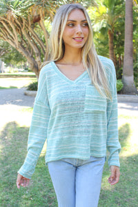 Women's Knit Stripped V Neck Long Sleeves Front Pocket Top