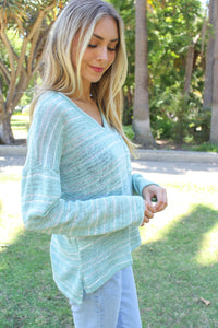 Women's Knit Stripped V Neck Long Sleeves Front Pocket Top