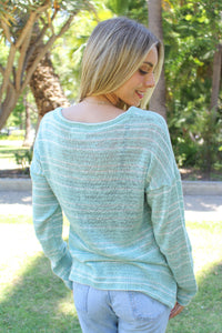 Women's Knit Stripped V Neck Long Sleeves Front Pocket Top