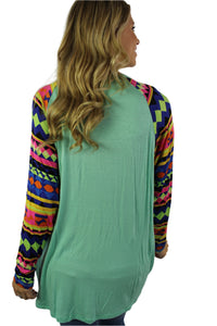 Women's Multi Color Aztec Sleeve Round Neck Top