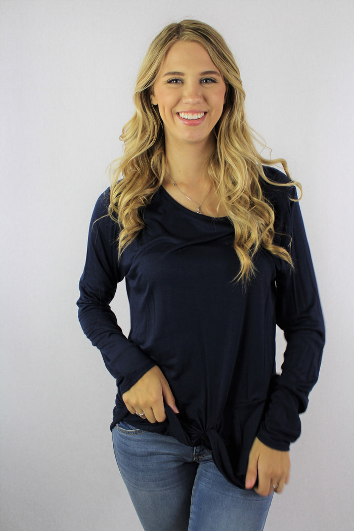 Women's Long Sleeve Solid Top with Front Knot