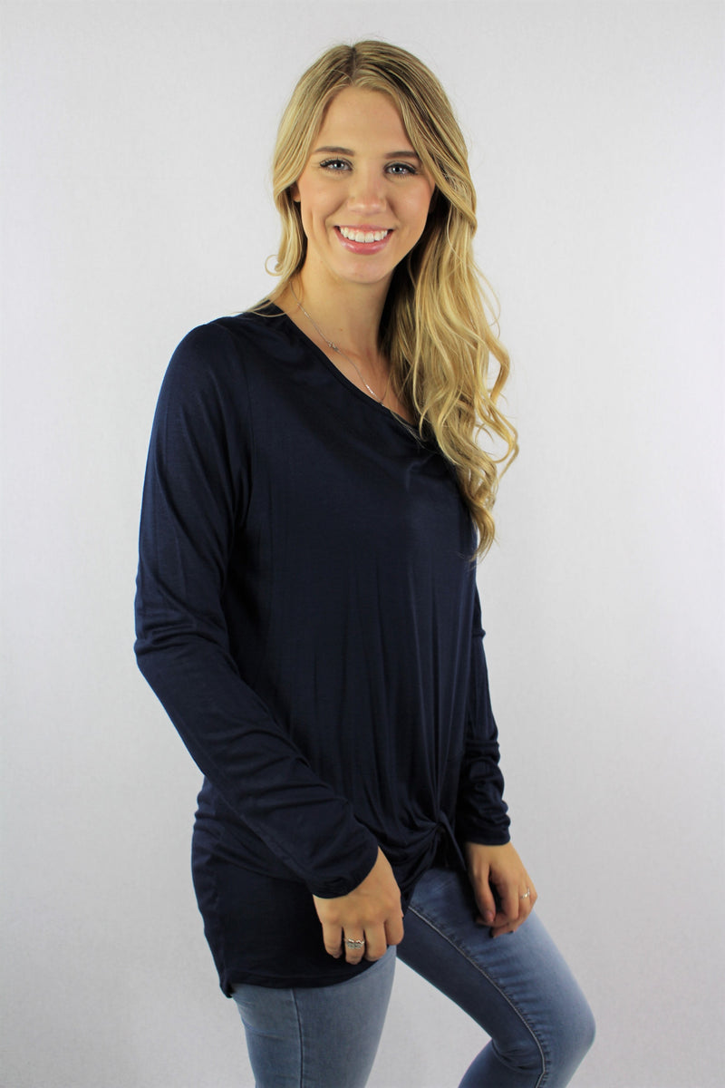 Women's Long Sleeve Solid Top with Front Knot