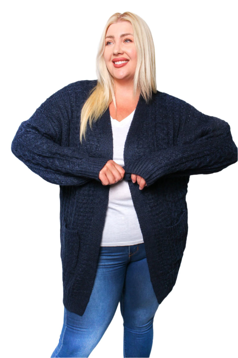 Women’s Plus Size Long Sleeve Cable Knit Pocket Cardigan