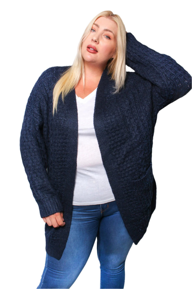 Women’s Plus Size Long Sleeve Cable Knit Pocket Cardigan