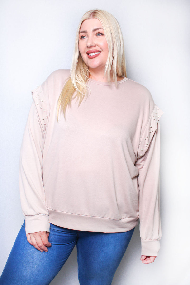 Women's Plus Solid Faux Pearl Trim Long Sleeve Top