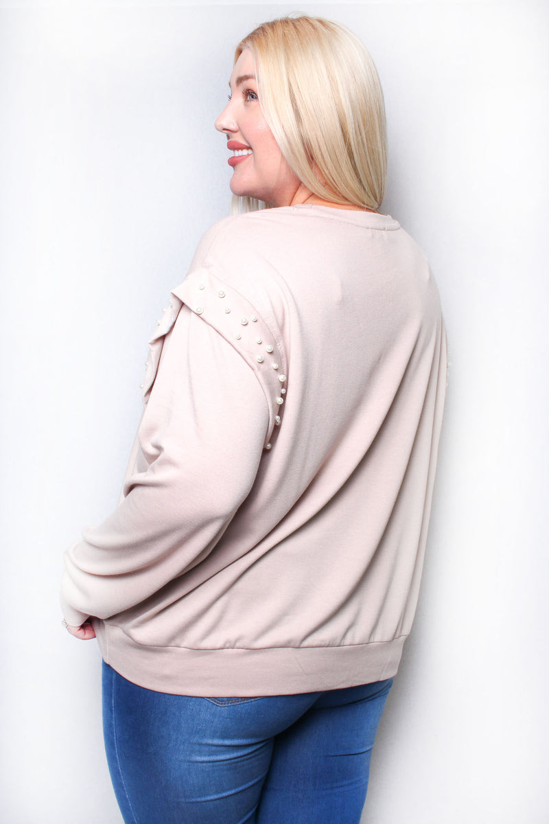 Women's Plus Solid Faux Pearl Trim Long Sleeve Top