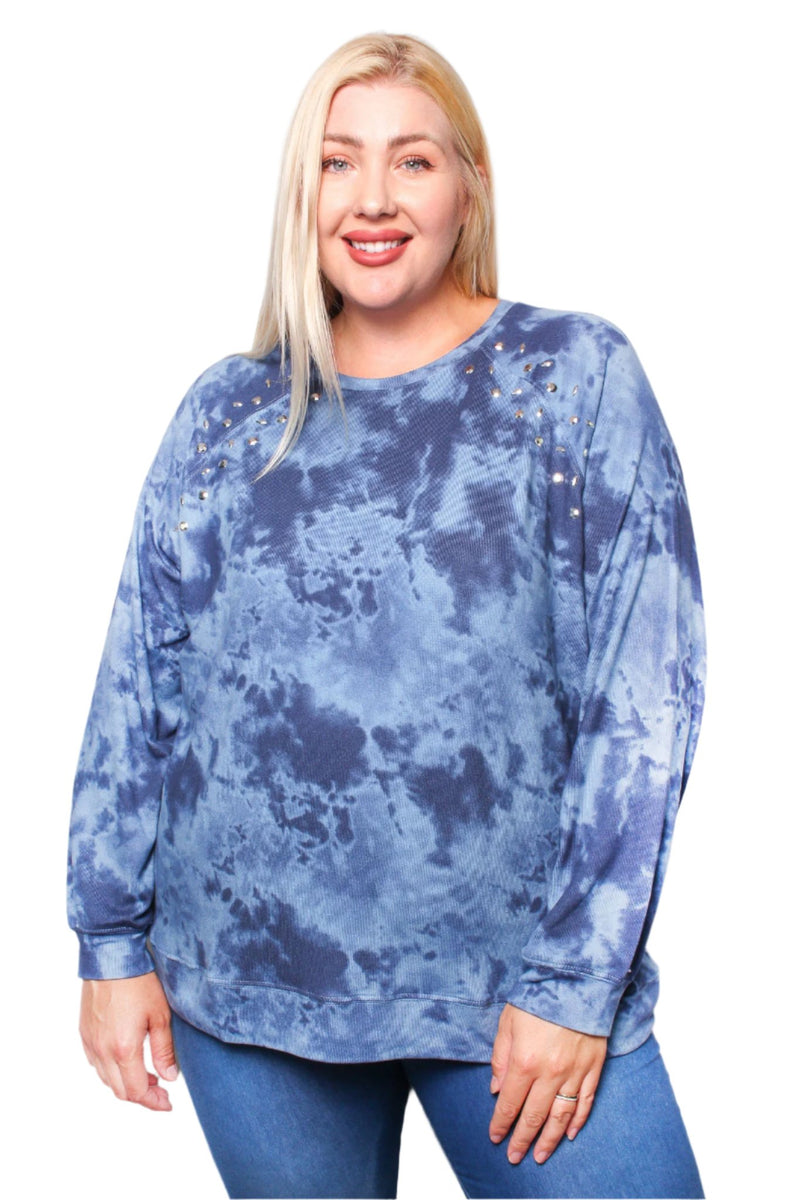 Women's Plus Size Rhinestone Trim Tie-Dye Top with Raglan Sleeves