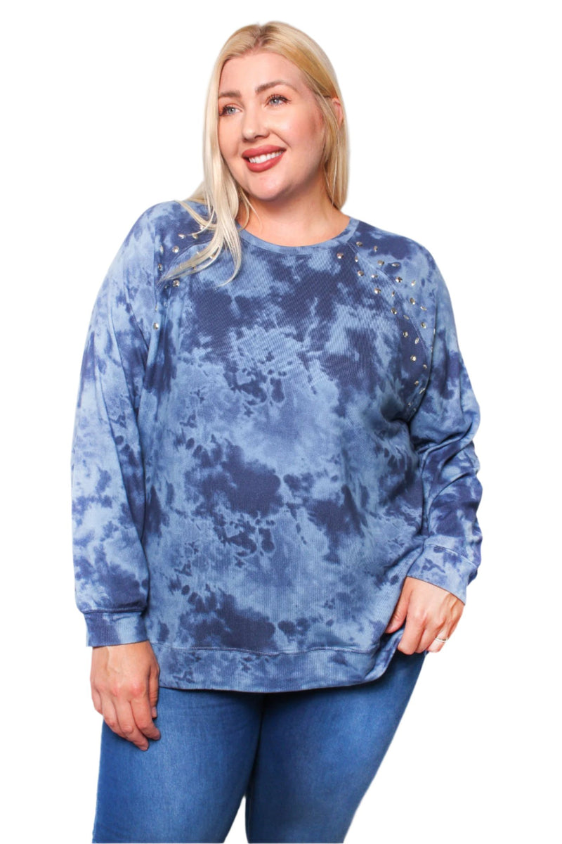 Women's Plus Size Rhinestone Trim Tie-Dye Top with Raglan Sleeves