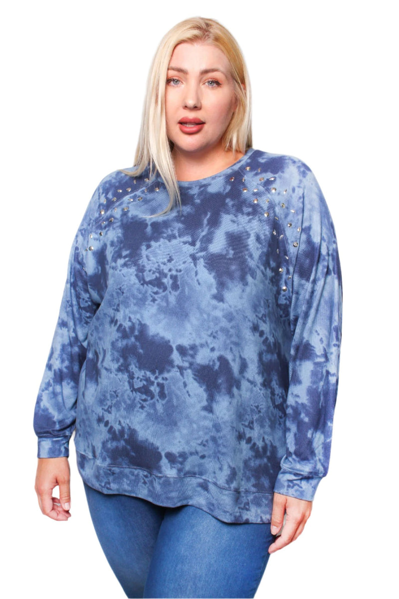 Women's Plus Size Rhinestone Trim Tie-Dye Top with Raglan Sleeves