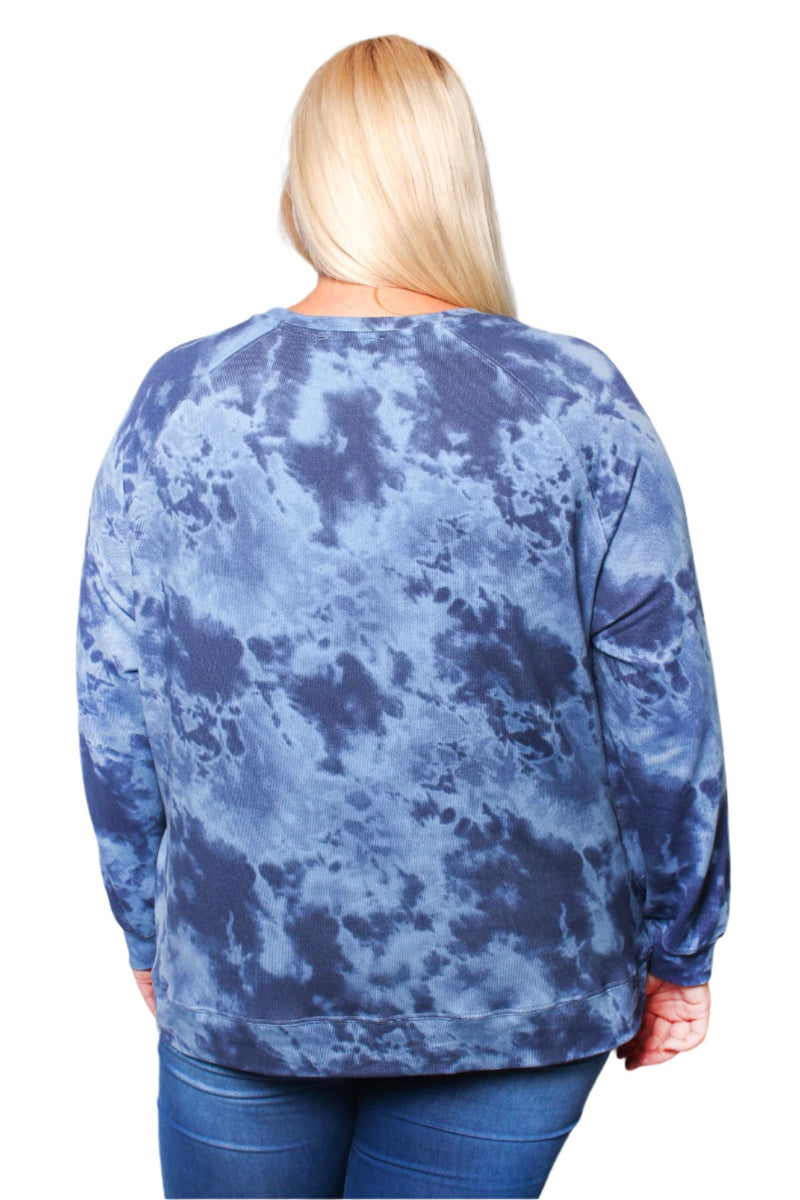 Women's Plus Size Rhinestone Trim Tie-Dye Top with Raglan Sleeves