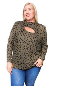 Women's Plus Printed Long Sleeve Top with Front Cut Out