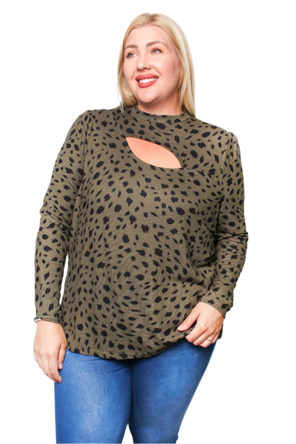 Women's Plus Printed Long Sleeve Top with Front Cut Out