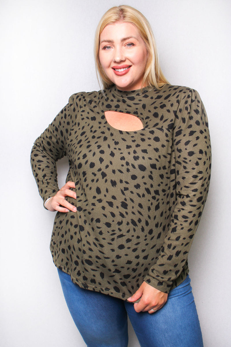 Women's Plus Printed Long Sleeve Top with Front Cut Out