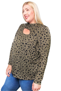 Women's Plus Printed Long Sleeve Top with Front Cut Out