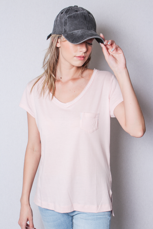 Women's V Neck Cap Sleeve Fitted Shirt with Front Pocket