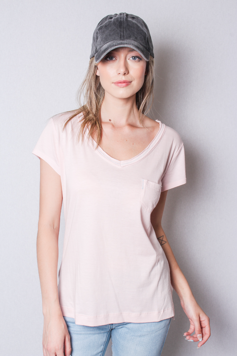 Women's V Neck Cap Sleeve Fitted Shirt with Front Pocket