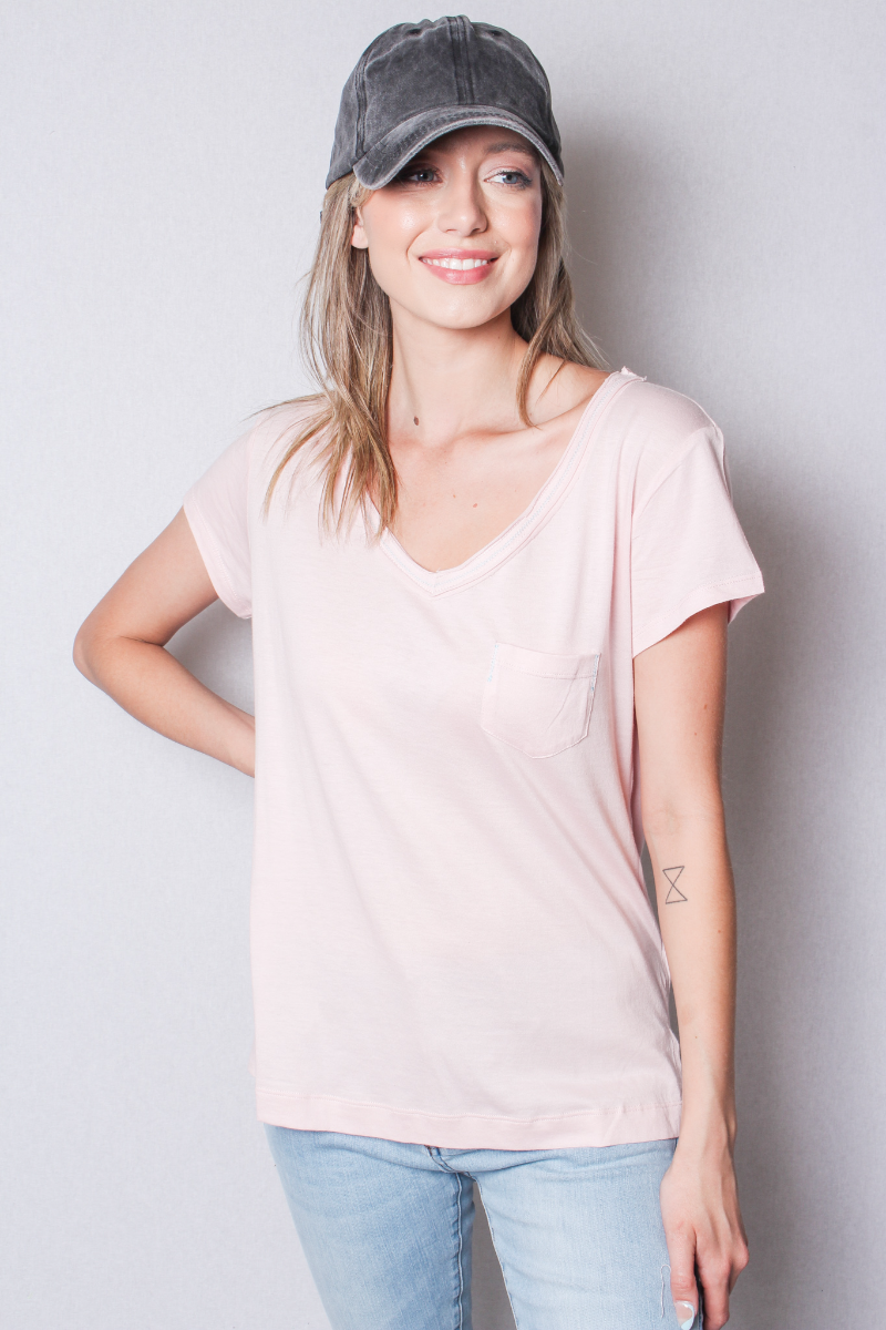 Women's V Neck Cap Sleeve Fitted Shirt with Front Pocket