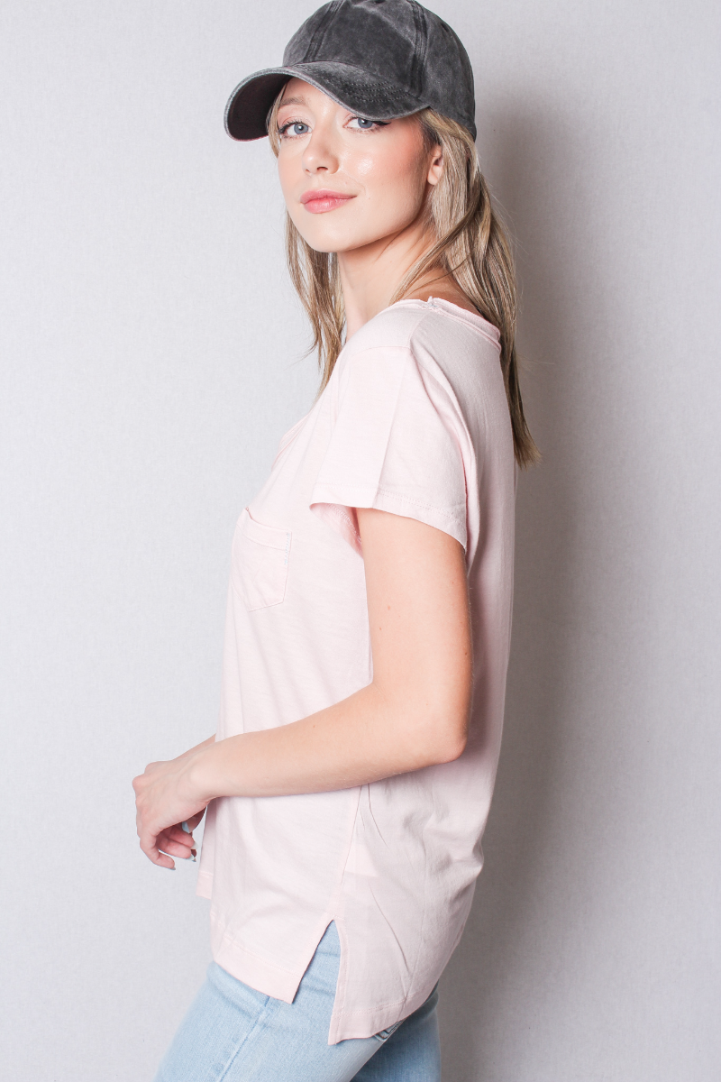 Women's V Neck Cap Sleeve Fitted Shirt with Front Pocket