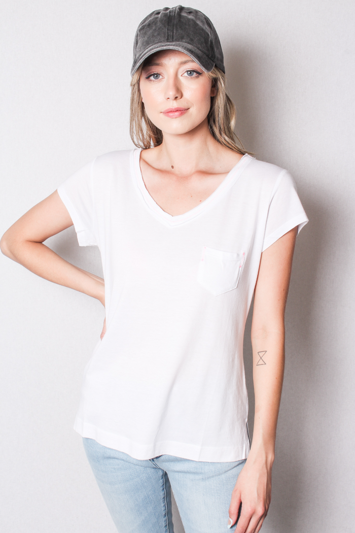Women's V Neck Cap Sleeve Fitted Shirt with Front Pocket