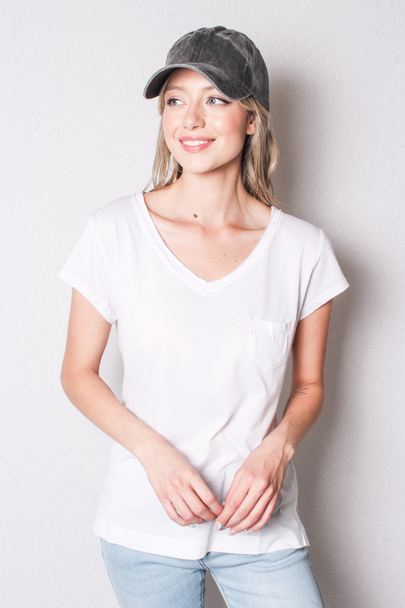 Women's V Neck Cap Sleeve Fitted Shirt with Front Pocket