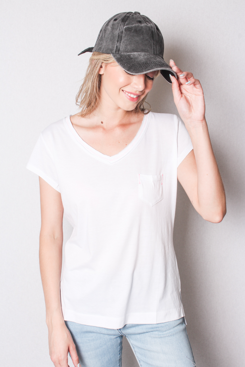 Women's V Neck Cap Sleeve Fitted Shirt with Front Pocket