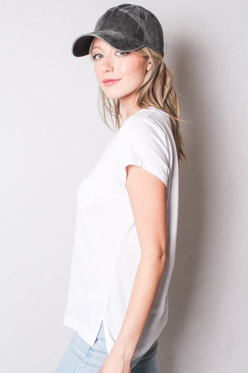 Women's V Neck Cap Sleeve Fitted Shirt with Front Pocket