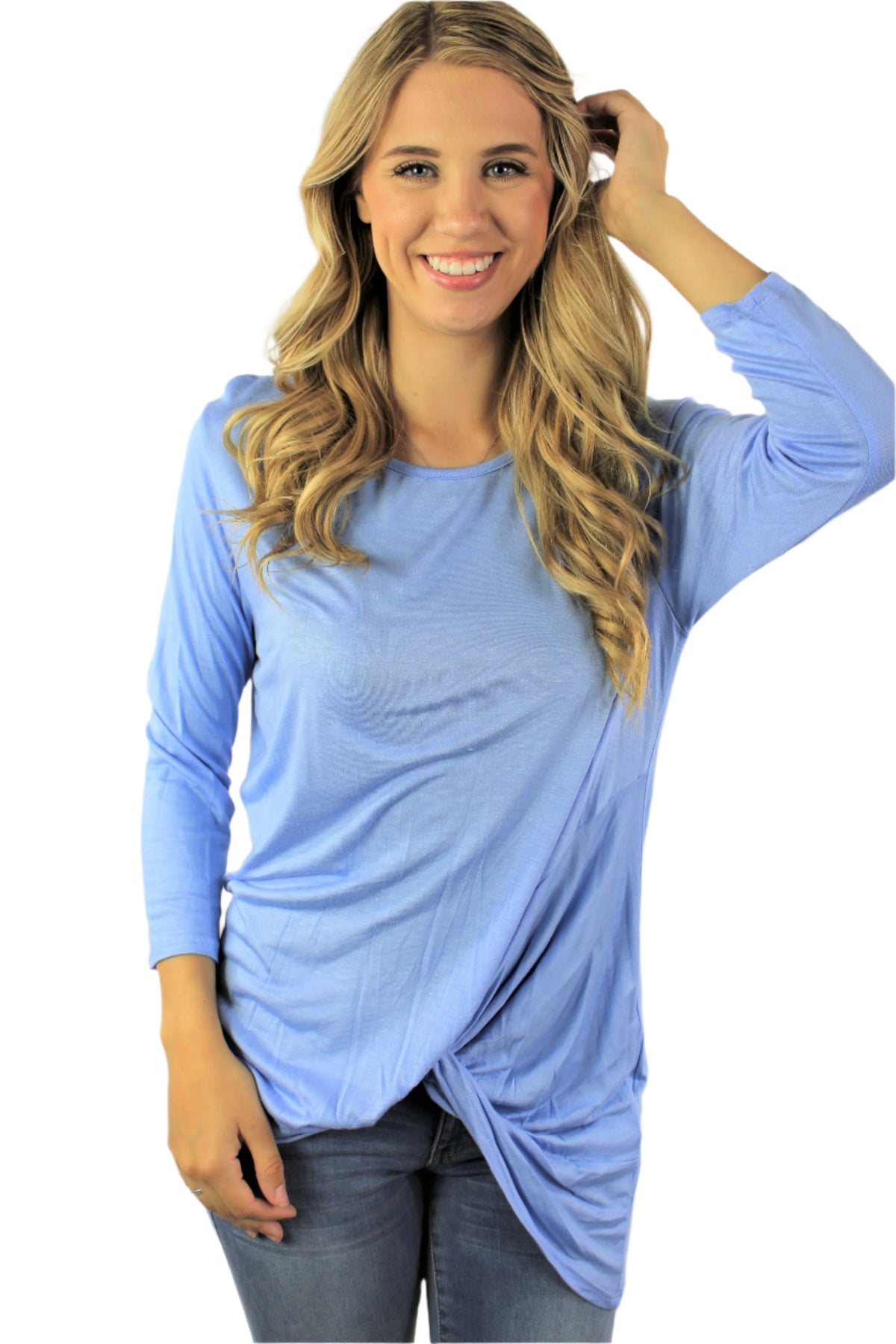 Women's 3/4th Sleeve Round Neck Top with Front Knot