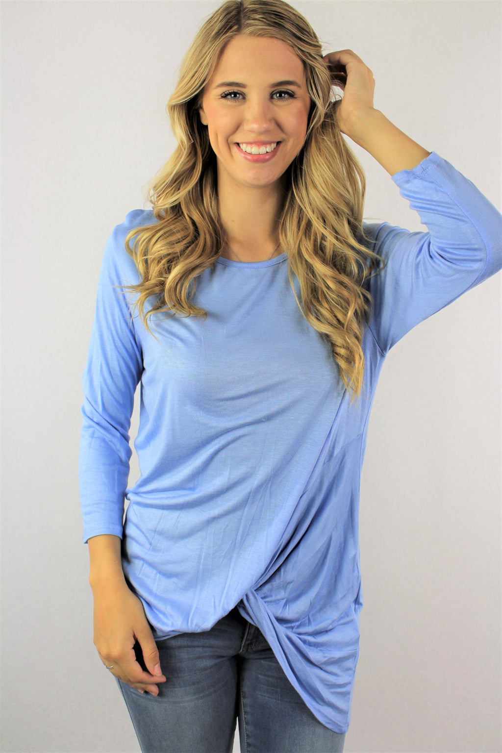 Women's 3/4th Sleeve Round Neck Top with Front Knot
