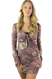 Women's Long Sleeve Body Fit Floral Mini Tunic Dress