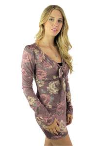 Women's Long Sleeve Body Fit Floral Mini Tunic Dress